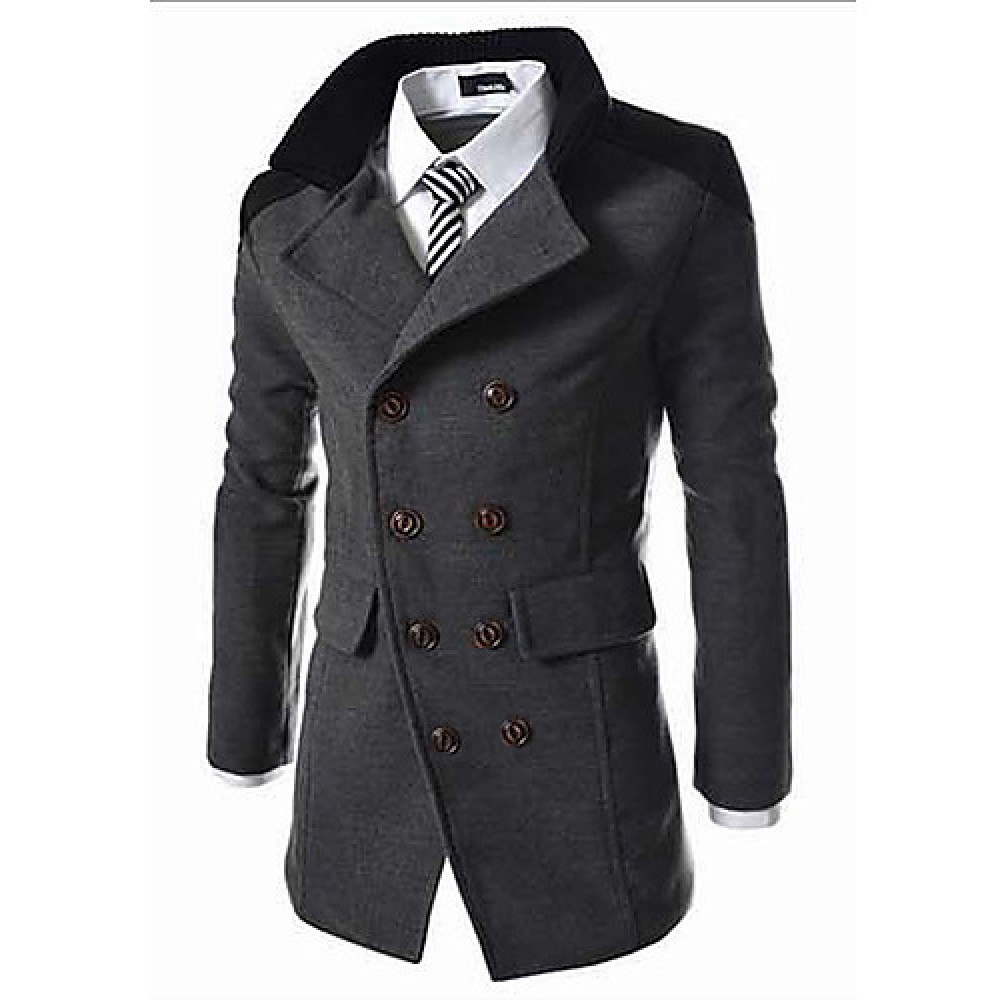 Men's Solid Casual / Work / Plus Size Coat,Polyester / Wool Blend Long Sleeve-Black / Blue / Gray