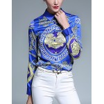 Women's Casual/Daily Vintage All Seasons ShirtPrint Shirt Collar Long Sleeve Blue Polyester Medium