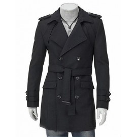 Men's Solid Casual / Work Trench coat,Polyester / Wool Blend Long Sleeve-Black / Gray