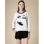 Women's Casual/Daily Cute Fall T-shirtPrint Round Neck Long Sleeve White Cotton Medium