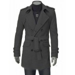 Men's Solid Casual / Work Trench coat,Polyester / Wool Blend Long Sleeve-Black / Gray